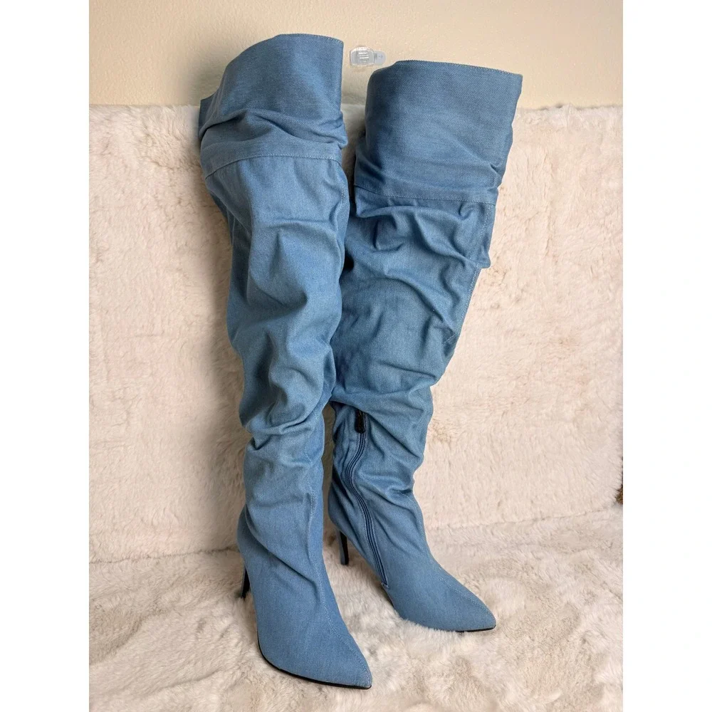 Cape Robbin Kitana-2 Blue Denim Over The Knee Slouchy Stiletto Boots Womens 8